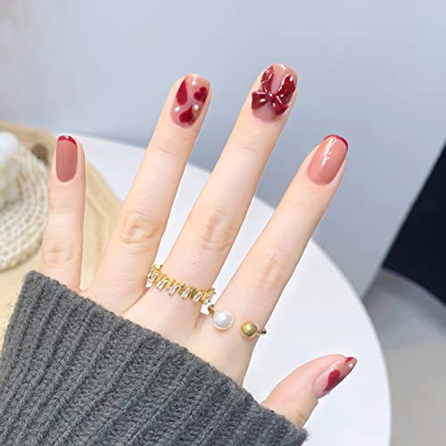 24pcs Heart Press on Nails Short Square Valentine’s Day Fake Nails Full Cover Nude Pink Acrylic Nails with Romantic Heart Shape Design Glue on Nails Red Heart False Nails for Women Girls 24Pcs - Image 3