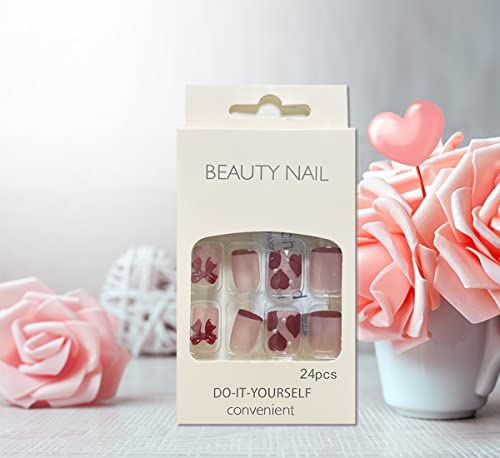 24pcs Heart Press on Nails Short Square Valentine’s Day Fake Nails Full Cover Nude Pink Acrylic Nails with Romantic Heart Shape Design Glue on Nails Red Heart False Nails for Women Girls 24Pcs - Image 5