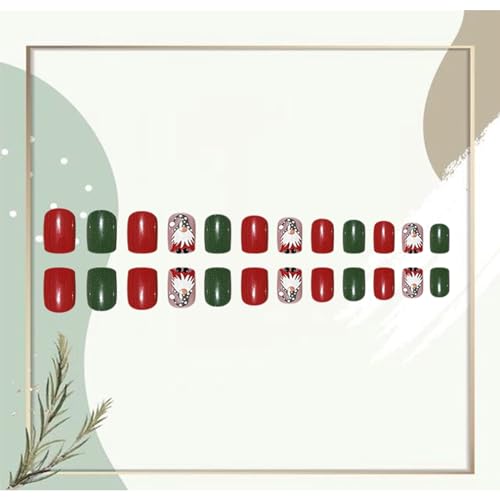 24Pcs Holiday Christmas Press on Nails Square Short Fake Nails Santa Claus False Nails Xmas Green Red Glue on Nails Winter Xmas Design Full Cover Acrylic Artificial Nails for Women Nail Decorations - Image 3