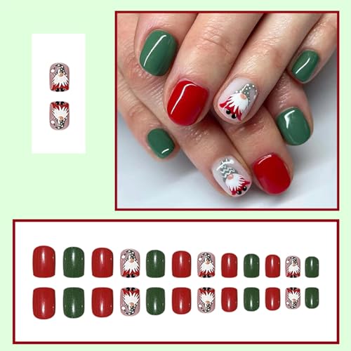 24Pcs Holiday Christmas Press on Nails Square Short Fake Nails Santa Claus False Nails Xmas Green Red Glue on Nails Winter Xmas Design Full Cover Acrylic Artificial Nails for Women Nail Decorations - Image 2