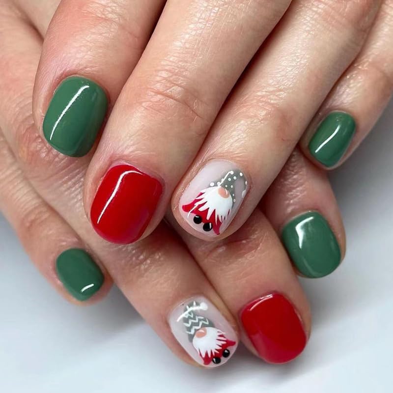 24Pcs Holiday Christmas Press on Nails Square Short Fake Nails Santa Claus False Nails Xmas Green Red Glue on Nails Winter Xmas Design Full Cover Acrylic Artificial Nails for Women Nail Decorations