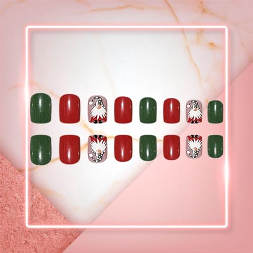 24Pcs Holiday Christmas Press on Nails Square Short Fake Nails Santa Claus False Nails Xmas Green Red Glue on Nails Winter Xmas Design Full Cover Acrylic Artificial Nails for Women Nail Decorations - Image 4