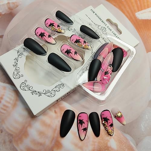 24Pcs Hot Pink Press on Nails Long Almond Fake Nails Summer Theme Coconut Tree Glue on Nails with Gold Shell Charms Design False Nails Black Matte Full Cover Stick on Nails for Women Girls DIY Nails - Image 3