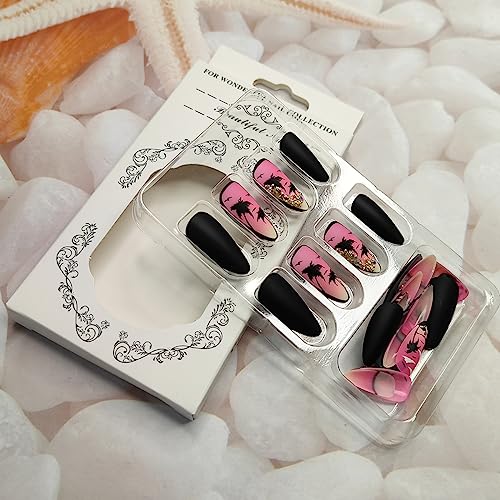 24Pcs Hot Pink Press on Nails Long Almond Fake Nails Summer Theme Coconut Tree Glue on Nails with Gold Shell Charms Design False Nails Black Matte Full Cover Stick on Nails for Women Girls DIY Nails - Image 2