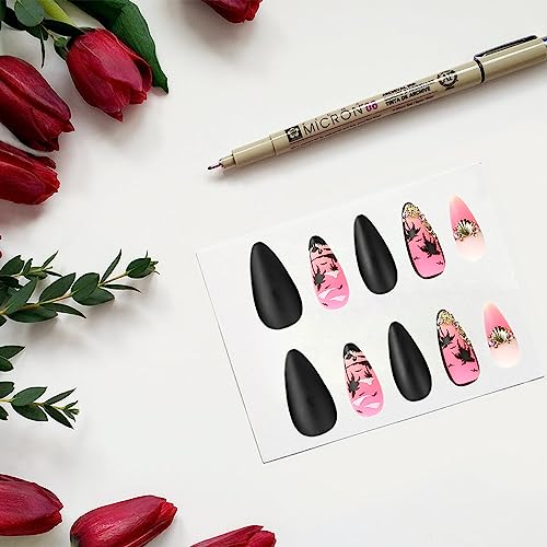 24Pcs Hot Pink Press on Nails Long Almond Fake Nails Summer Theme Coconut Tree Glue on Nails with Gold Shell Charms Design False Nails Black Matte Full Cover Stick on Nails for Women Girls DIY Nails - Image 4