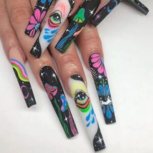 24Pcs Long Press on Nails Square Coffin Fake Nails Full Cover Glue on Nails Eye Stars Moon Acrylic Nails with Rainbow Designs French False Nails Ballerina Stick on Nails for Women Nail Art Decorations