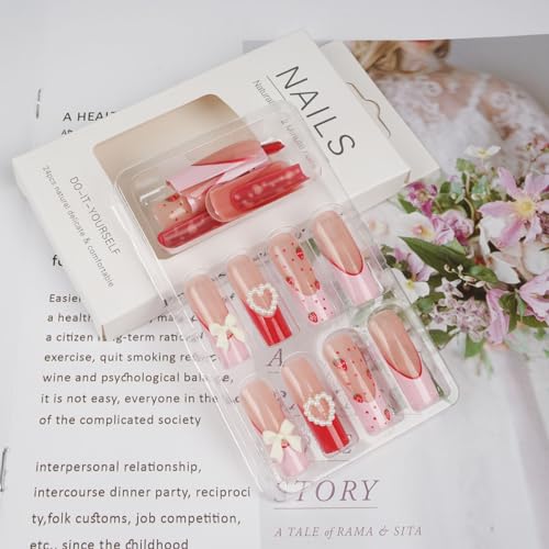24Pcs Long Press on Nails Square Fake Nails White French Tip Glue on Nails Cute Heart Bowknot Charm Stick on Nails with Strawberry Pattern Designs Acrylic Nails for Women Nails Decorations - Image 3