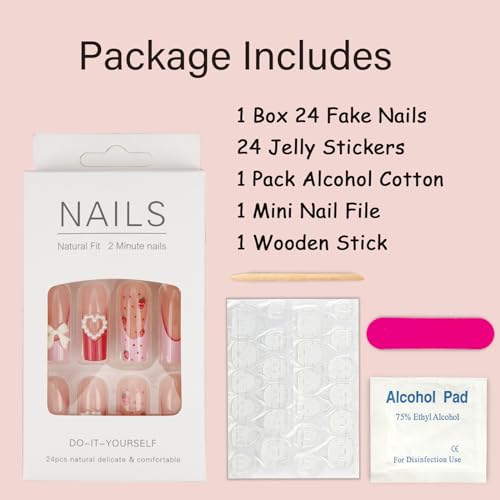 24Pcs Long Press on Nails Square Fake Nails White French Tip Glue on Nails Cute Heart Bowknot Charm Stick on Nails with Strawberry Pattern Designs Acrylic Nails for Women Nails Decorations - Image 6