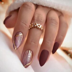 24Pcs Medium Almond French Tip Brown Nude Red Acrylic Press On Nails