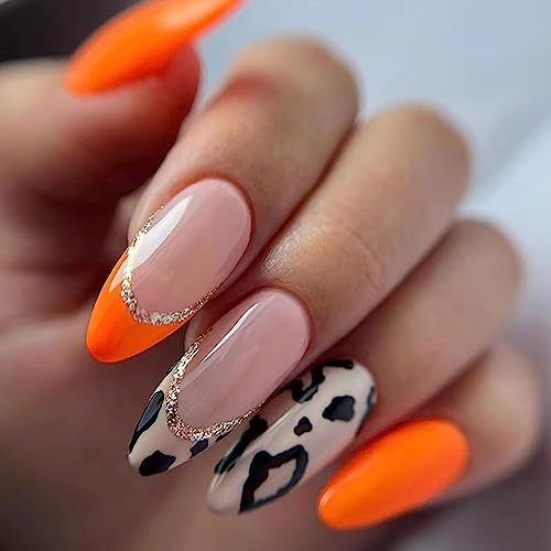 24Pcs Medium Almond Press on Nails with Orange French Tips and Glitter Designs