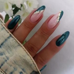24pcs Medium Almond Shape Dark Green Press on Nails with Gold Glitter Line for Women