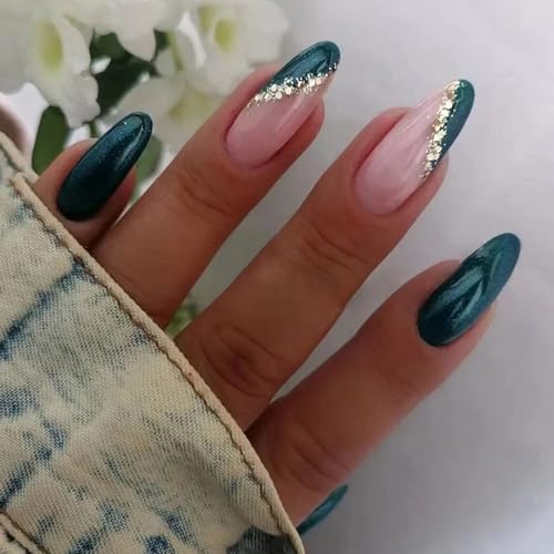 24pcs Medium Almond Shape Dark Green Press on Nails with Gold Glitter Line for Women