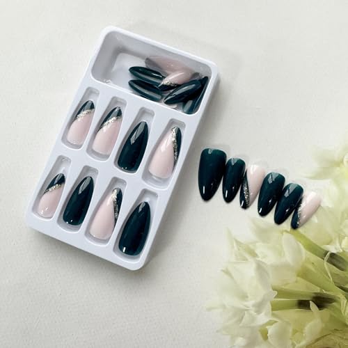 24pcs Medium Almond Shape Dark Green Press on Nails with Gold Glitter Line for Women - Image 4