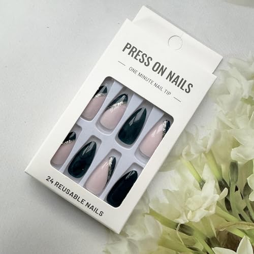 24pcs Medium Almond Shape Dark Green Press on Nails with Gold Glitter Line for Women - Image 6