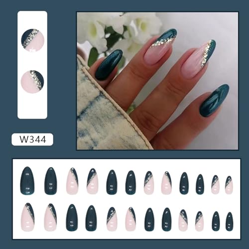 24pcs Medium Almond Shape Dark Green Press on Nails with Gold Glitter Line for Women - Image 7