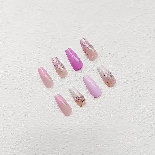 24Pcs Medium Press on Nails Coffin Fake Nails light purple French Gradient Full Cover False Nails with Glitter Designs Acrylic Nails Glossy Stick on Nails Reusable Artificial Nails for Women Manicure - Image 7