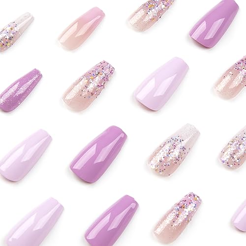24Pcs Medium Press on Nails Coffin Fake Nails light purple French Gradient Full Cover False Nails with Glitter Designs Acrylic Nails Glossy Stick on Nails Reusable Artificial Nails for Women Manicure - Image 6