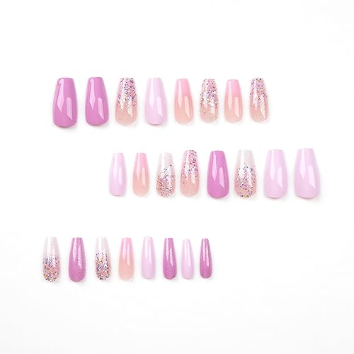 24Pcs Medium Press on Nails Coffin Fake Nails light purple French Gradient Full Cover False Nails with Glitter Designs Acrylic Nails Glossy Stick on Nails Reusable Artificial Nails for Women Manicure - Image 5