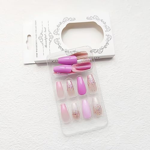 24Pcs Medium Press on Nails Coffin Fake Nails light purple French Gradient Full Cover False Nails with Glitter Designs Acrylic Nails Glossy Stick on Nails Reusable Artificial Nails for Women Manicure - Image 3