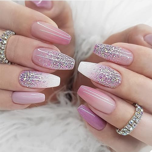 24Pcs Medium Press on Nails Coffin Fake Nails light purple French Gradient Full Cover False Nails with Glitter Designs Acrylic Nails Glossy Stick on Nails Reusable Artificial Nails for Women Manicure