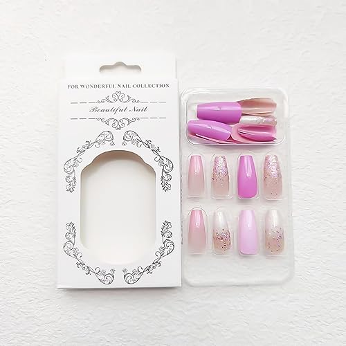 24Pcs Medium Press on Nails Coffin Fake Nails light purple French Gradient Full Cover False Nails with Glitter Designs Acrylic Nails Glossy Stick on Nails Reusable Artificial Nails for Women Manicure - Image 4