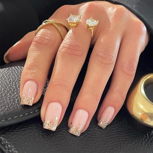 24Pcs Nude Press on Nails Square Short Fake Nails- Gold Glitter Designs Acrylic Nails Full Cover Glue on Nails French False Nails with Nail Glue Medium Artificial Nails for Women Nail Decorations - Image 2