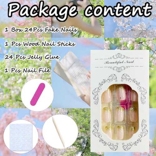 24Pcs Nude Press on Nails Square Short Fake Nails- Gold Glitter Designs Acrylic Nails Full Cover Glue on Nails French False Nails with Nail Glue Medium Artificial Nails for Women Nail Decorations - Image 6