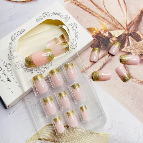 24Pcs Nude Press on Nails Square Short Fake Nails- Gold Glitter Designs Acrylic Nails Full Cover Glue on Nails French False Nails with Nail Glue Medium Artificial Nails for Women Nail Decorations - Image 3