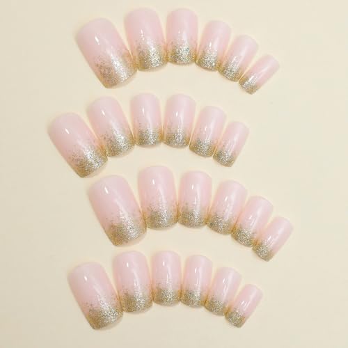 24Pcs Nude Press on Nails Square Short Fake Nails- Gold Glitter Designs Acrylic Nails Full Cover Glue on Nails French False Nails with Nail Glue Medium Artificial Nails for Women Nail Decorations - Image 5
