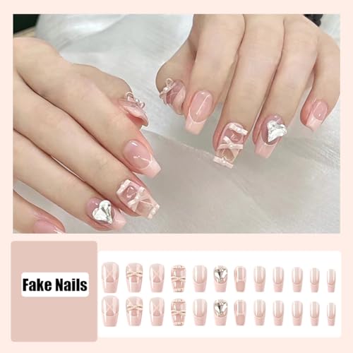 24Pcs Pink French Tip Press on Nails Short Fake Nails Ballet Shoes Design Bow Glue on Nails with Heart Nail Rhinestones Acrylic False Nails Cute Pink Square Artificial Nails for Women Valentines Nails - Image 4
