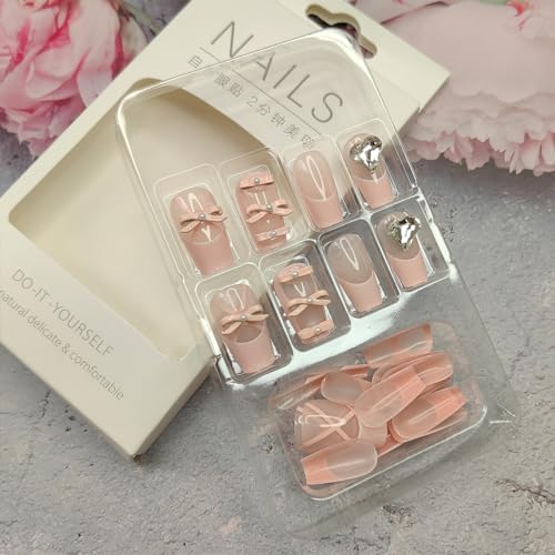 24Pcs Pink French Tip Press on Nails Short Fake Nails Ballet Shoes Design Bow Glue on Nails with Heart Nail Rhinestones Acrylic False Nails Cute Pink Square Artificial Nails for Women Valentines Nails - Image 2