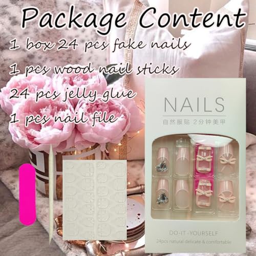 24Pcs Pink French Tip Press on Nails Short Fake Nails Ballet Shoes Design Bow Glue on Nails with Heart Nail Rhinestones Acrylic False Nails Cute Pink Square Artificial Nails for Women Valentines Nails - Image 6