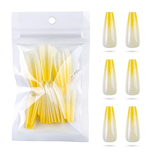 24pcs Press On Fake Nails Tips Yellow Gradient Glitter Long Coffin Shape Artificial Acrylic False Nails for Women Nail Salons & DIY Nail Art Manicure Decoration