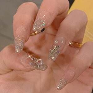 24pcs Press on Nails Medium 3D Rhinestones Coffin Fake Nails French Designs with Glue, Acrylic Press on Nails Glossy Ballerina Sparkly Glitter Artificial Glue on Nails False Nails for Women Girls