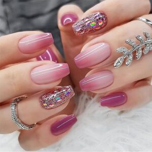 24Pcs Press on Nails Medium Coffin Fake Nails Pink Gradient Purple Full Cover False Nails with Glitter Designs Acrylic Nails Glossy Stick on Nails Reusable Artificial Nails for Women Manicure