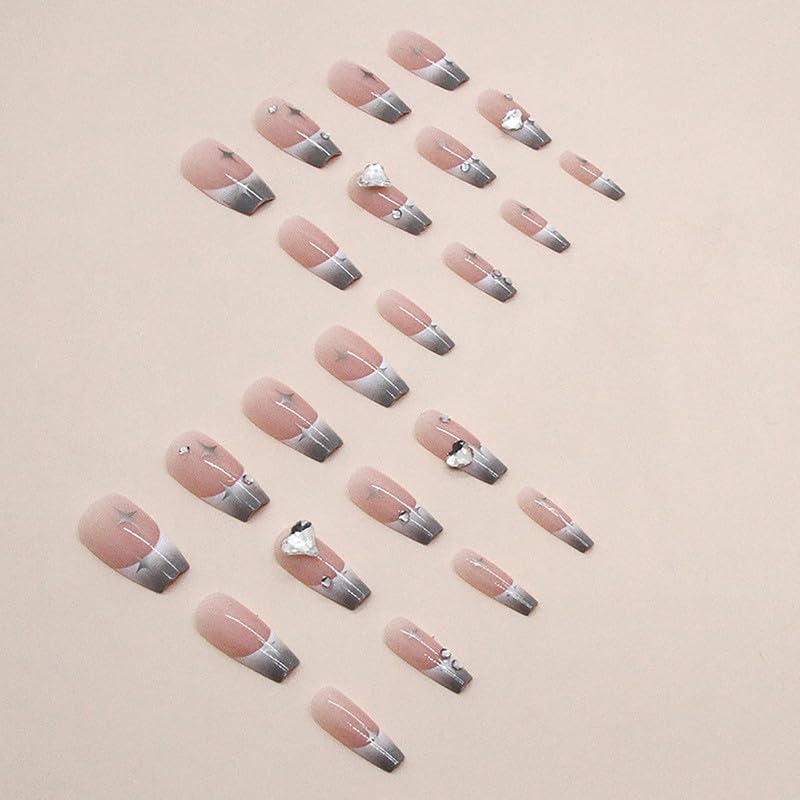 24Pcs Press on Nails Medium-length Kits 12 Sizes French Nail Tip Square Full Cover with Nail Tools,Reusable UV Finish Full Cover Stick on Nails for Women Girls (Smoky Gray Gradient French) - Image 5
