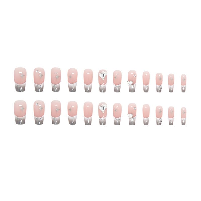 24Pcs Press on Nails Medium-length Kits 12 Sizes French Nail Tip Square Full Cover with Nail Tools,Reusable UV Finish Full Cover Stick on Nails for Women Girls (Smoky Gray Gradient French) - Image 3