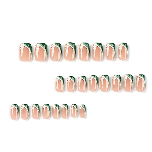 24Pcs Press on Nails Medium Square Fake Nails Green&white Stitching French Tip False Nails with Cute Flower Designs Acrylic Glue on Nails Pink Glossy Full Cover DIY Stick on Nails for Women - Image 6