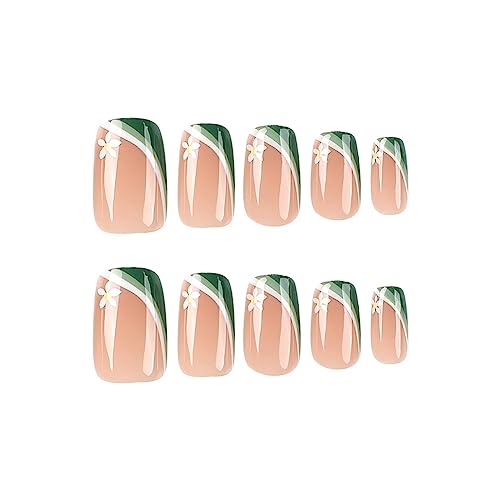 24Pcs Press on Nails Medium Square Fake Nails Green&white Stitching French Tip False Nails with Cute Flower Designs Acrylic Glue on Nails Pink Glossy Full Cover DIY Stick on Nails for Women - Image 7
