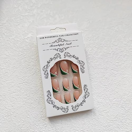 24Pcs Press on Nails Medium Square Fake Nails Green&white Stitching French Tip False Nails with Cute Flower Designs Acrylic Glue on Nails Pink Glossy Full Cover DIY Stick on Nails for Women - Image 2