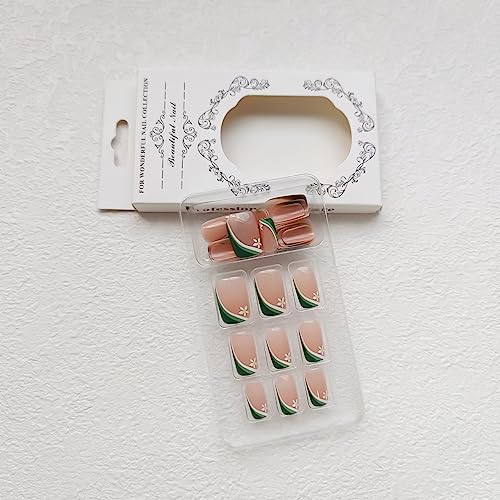 24Pcs Press on Nails Medium Square Fake Nails Green&white Stitching French Tip False Nails with Cute Flower Designs Acrylic Glue on Nails Pink Glossy Full Cover DIY Stick on Nails for Women - Image 3