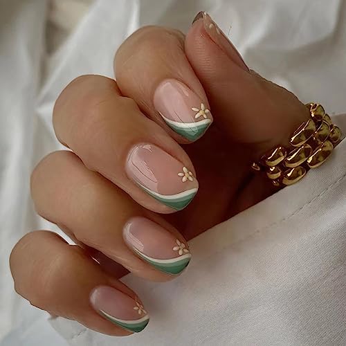 24Pcs Press on Nails Medium Square Fake Nails Green&white Stitching French Tip False Nails with Cute Flower Designs Acrylic Glue on Nails Pink Glossy Full Cover DIY Stick on Nails for Women