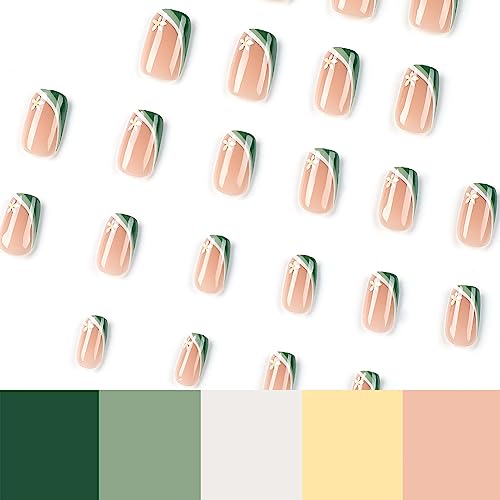 24Pcs Press on Nails Medium Square Fake Nails Green&white Stitching French Tip False Nails with Cute Flower Designs Acrylic Glue on Nails Pink Glossy Full Cover DIY Stick on Nails for Women - Image 4