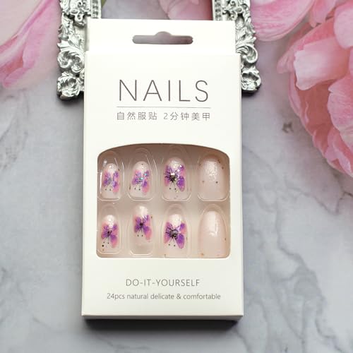 24Pcs Press on Nails Short Oval Acrylic Nails Fake Nails Purple Butterfly Glue on Nails with Glitter Designs Round False Nails Reusable Full Cover Stick on Nails for Women Girls DIY Manicure Art - Image 6