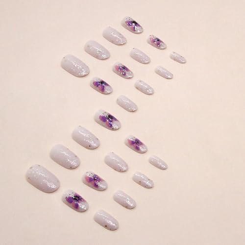 24Pcs Press on Nails Short Oval Acrylic Nails Fake Nails Purple Butterfly Glue on Nails with Glitter Designs Round False Nails Reusable Full Cover Stick on Nails for Women Girls DIY Manicure Art - Image 3
