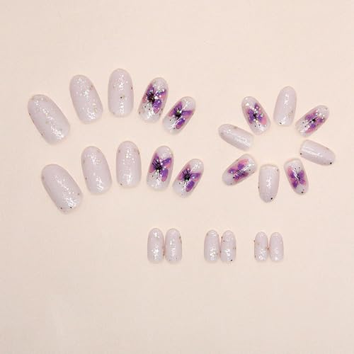 24Pcs Press on Nails Short Oval Acrylic Nails Fake Nails Purple Butterfly Glue on Nails with Glitter Designs Round False Nails Reusable Full Cover Stick on Nails for Women Girls DIY Manicure Art - Image 2