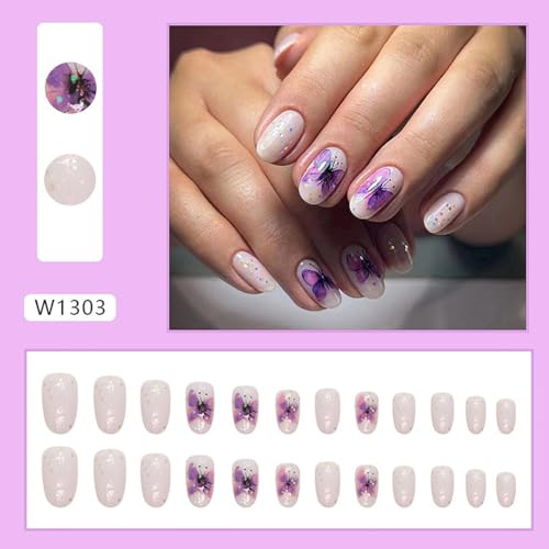 24Pcs Press on Nails Short Oval Acrylic Nails Fake Nails Purple Butterfly Glue on Nails with Glitter Designs Round False Nails Reusable Full Cover Stick on Nails for Women Girls DIY Manicure Art - Image 7