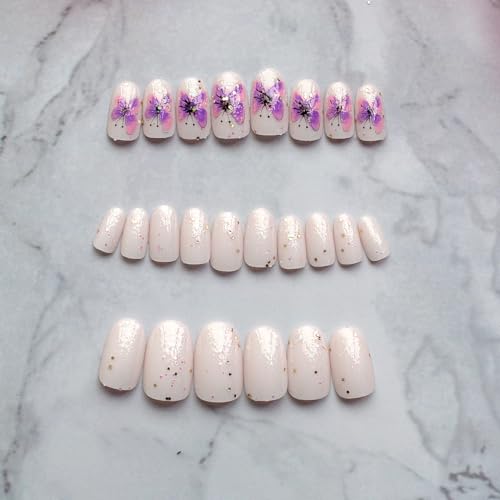 24Pcs Press on Nails Short Oval Acrylic Nails Fake Nails Purple Butterfly Glue on Nails with Glitter Designs Round False Nails Reusable Full Cover Stick on Nails for Women Girls DIY Manicure Art - Image 5