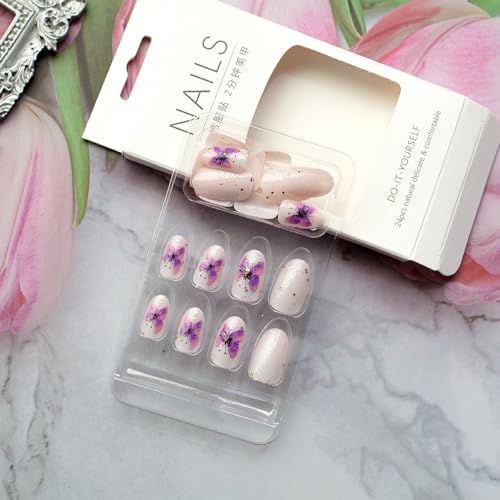 24Pcs Press on Nails Short Oval Acrylic Nails Fake Nails Purple Butterfly Glue on Nails with Glitter Designs Round False Nails Reusable Full Cover Stick on Nails for Women Girls DIY Manicure Art - Image 4