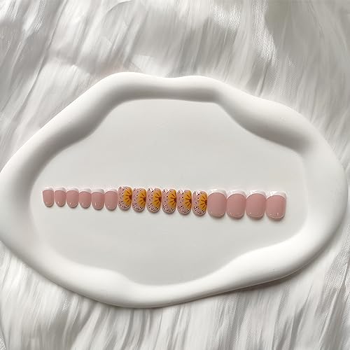 24Pcs Press on Nails Short Pink Fake Nails with Sunflower Spot Designs French Tip False Nails Square Artificial Nails Glossy Stick on Nails White Glue on Nails Cute Acrylic Nails for Women Manicure - Image 6